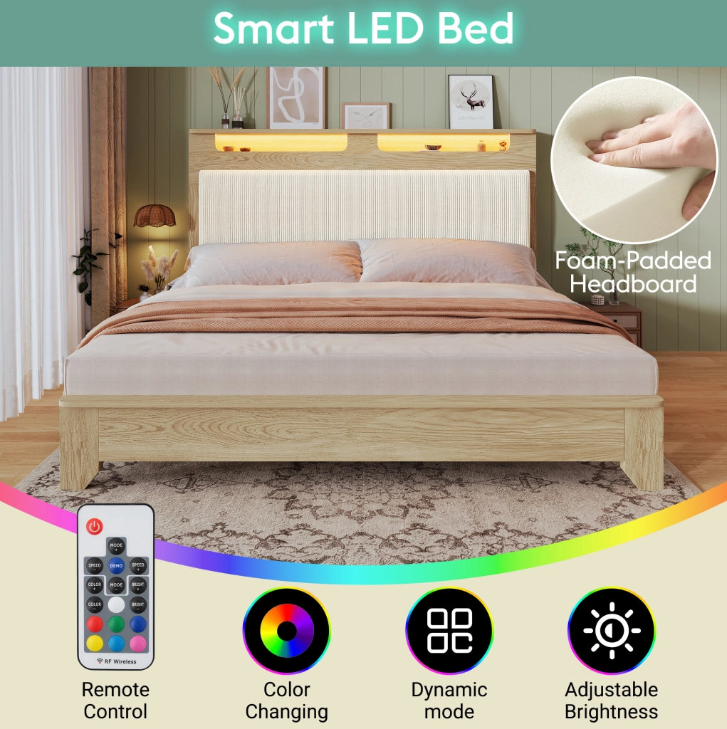 Letto matrimoniale 140x200 cm con testiera contenitore; LED e rivestimento in corduroy beige; effetto rovere chiaro