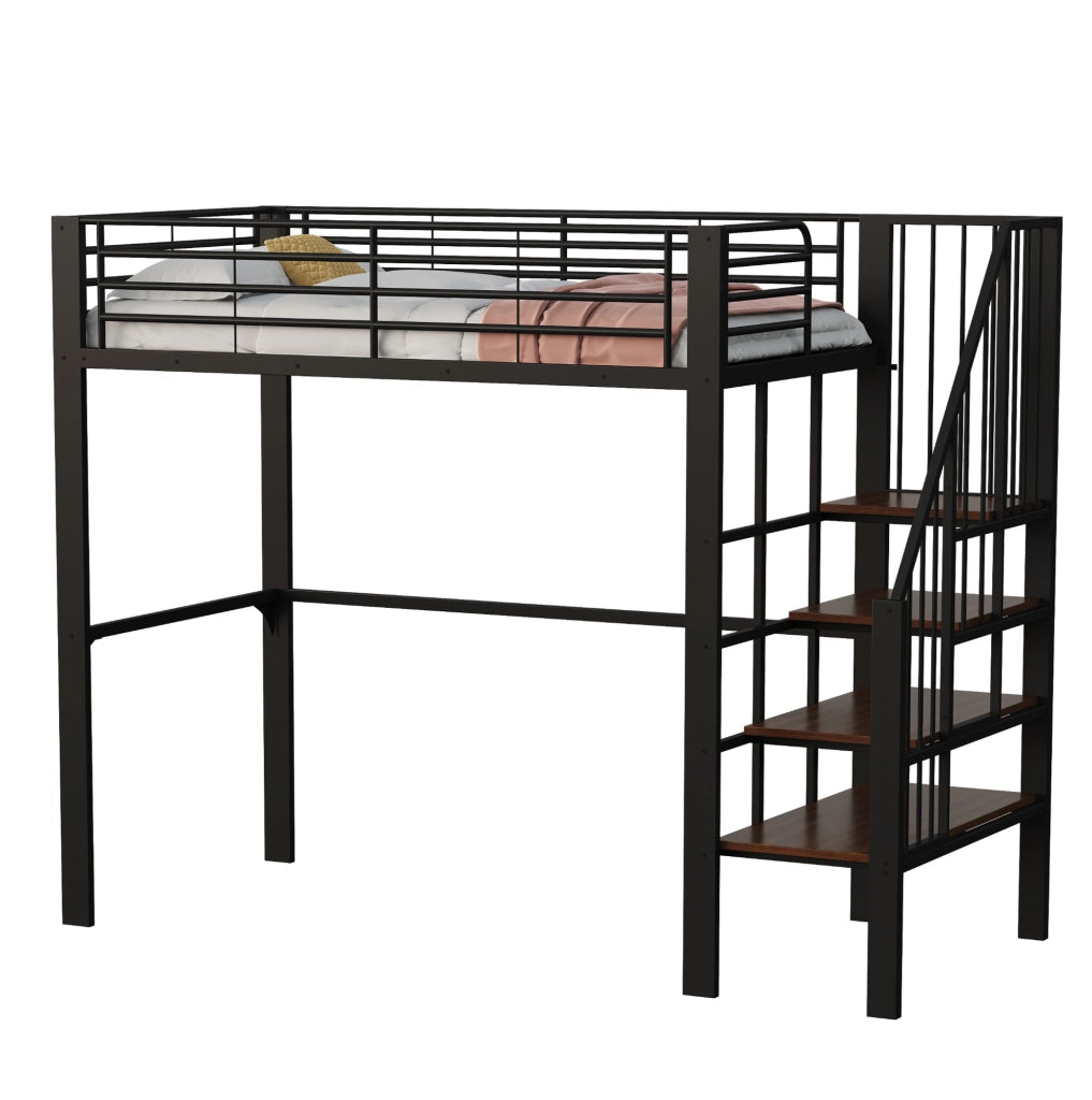 Letto a soppalco 90 x 200 cm in metallo nero con scala