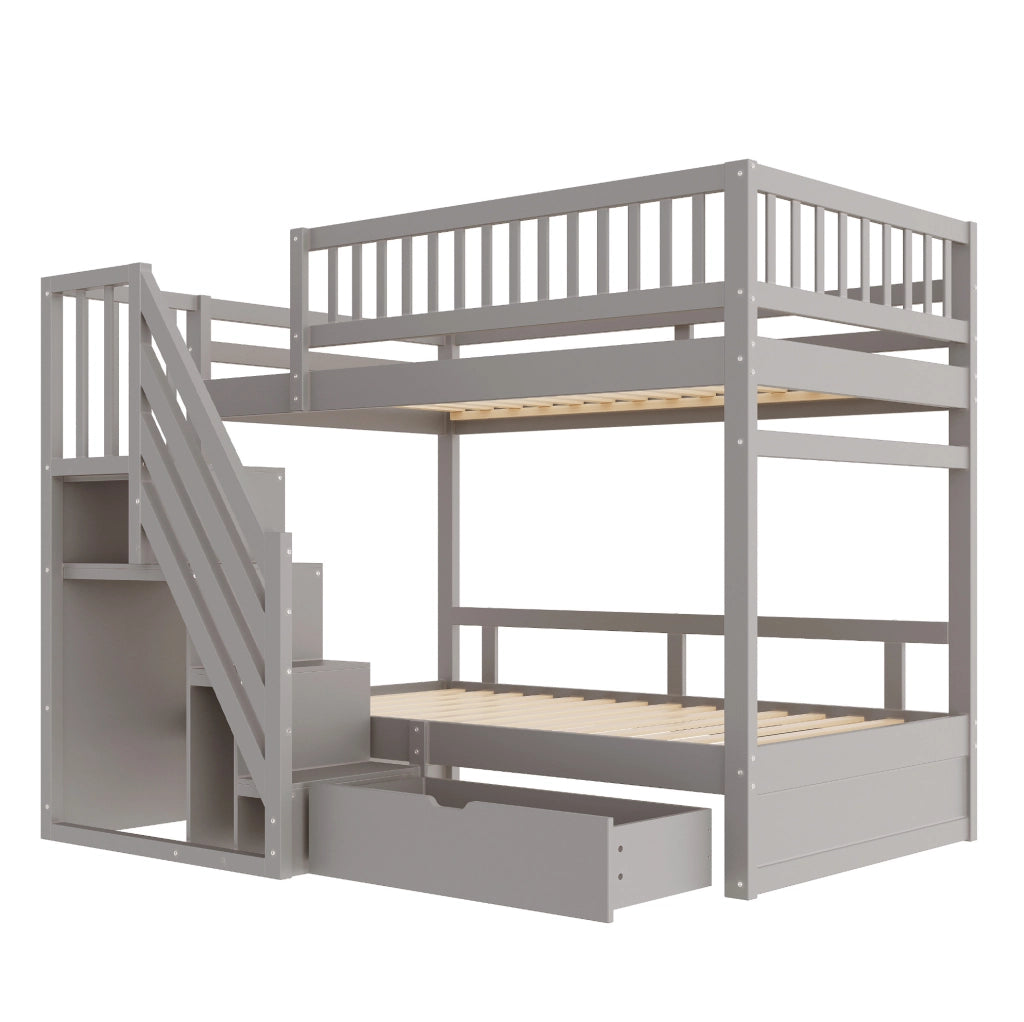 Letto a castello 90x200 cm con scale contenitore e cassetti; grigio