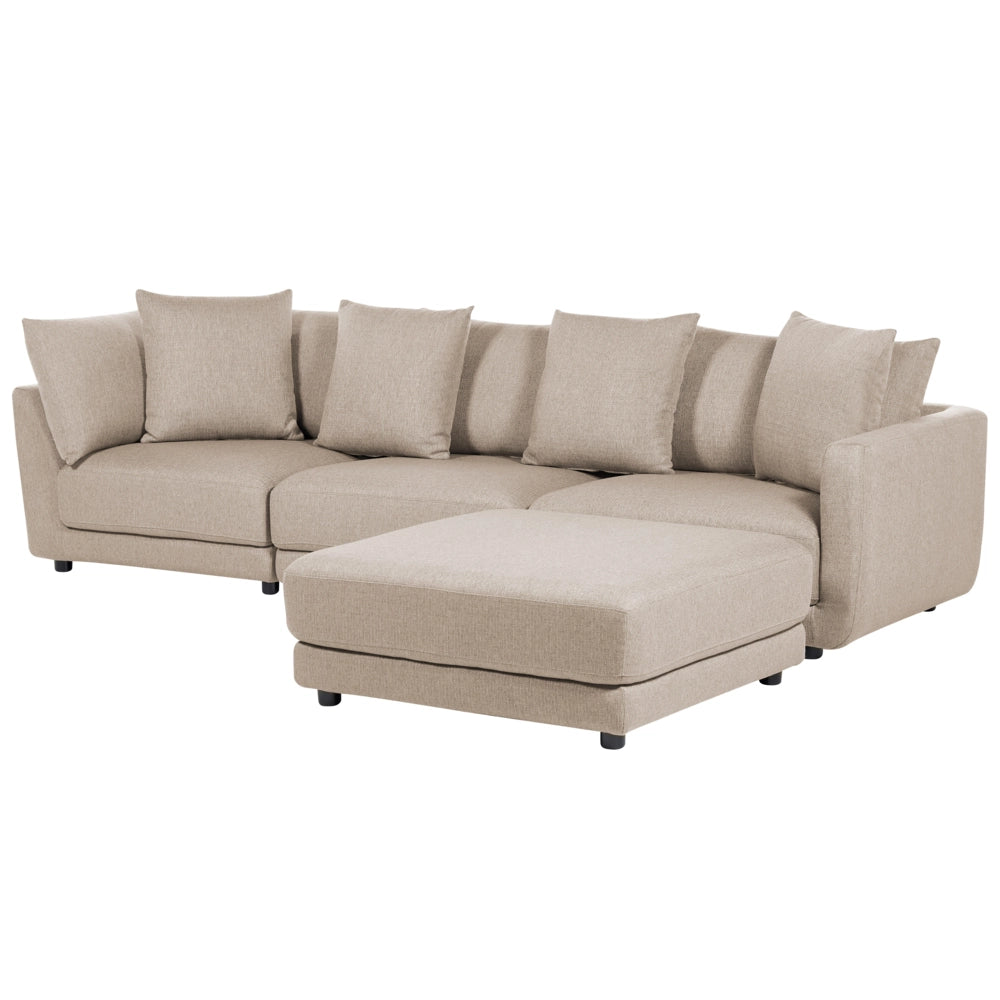 Divano a 3 posti Beige in tessuto poliestere imbottito Divano con poggiapiedi ottomano Cuscini supplementari