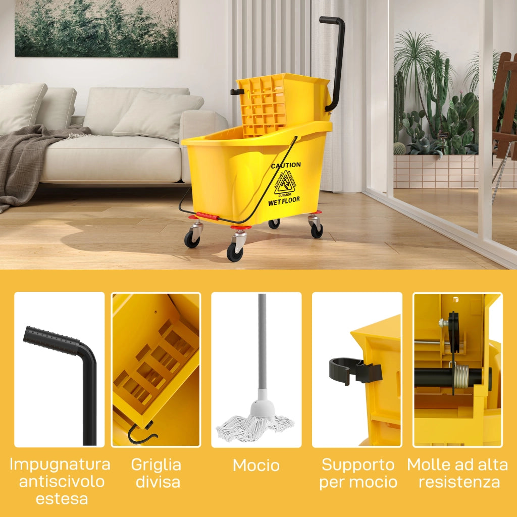 Secchio Lavapavimenti Professionale 36L con Mocio, Strizzatore, Ruote e Manico, 55x37x65 cm, Giallo