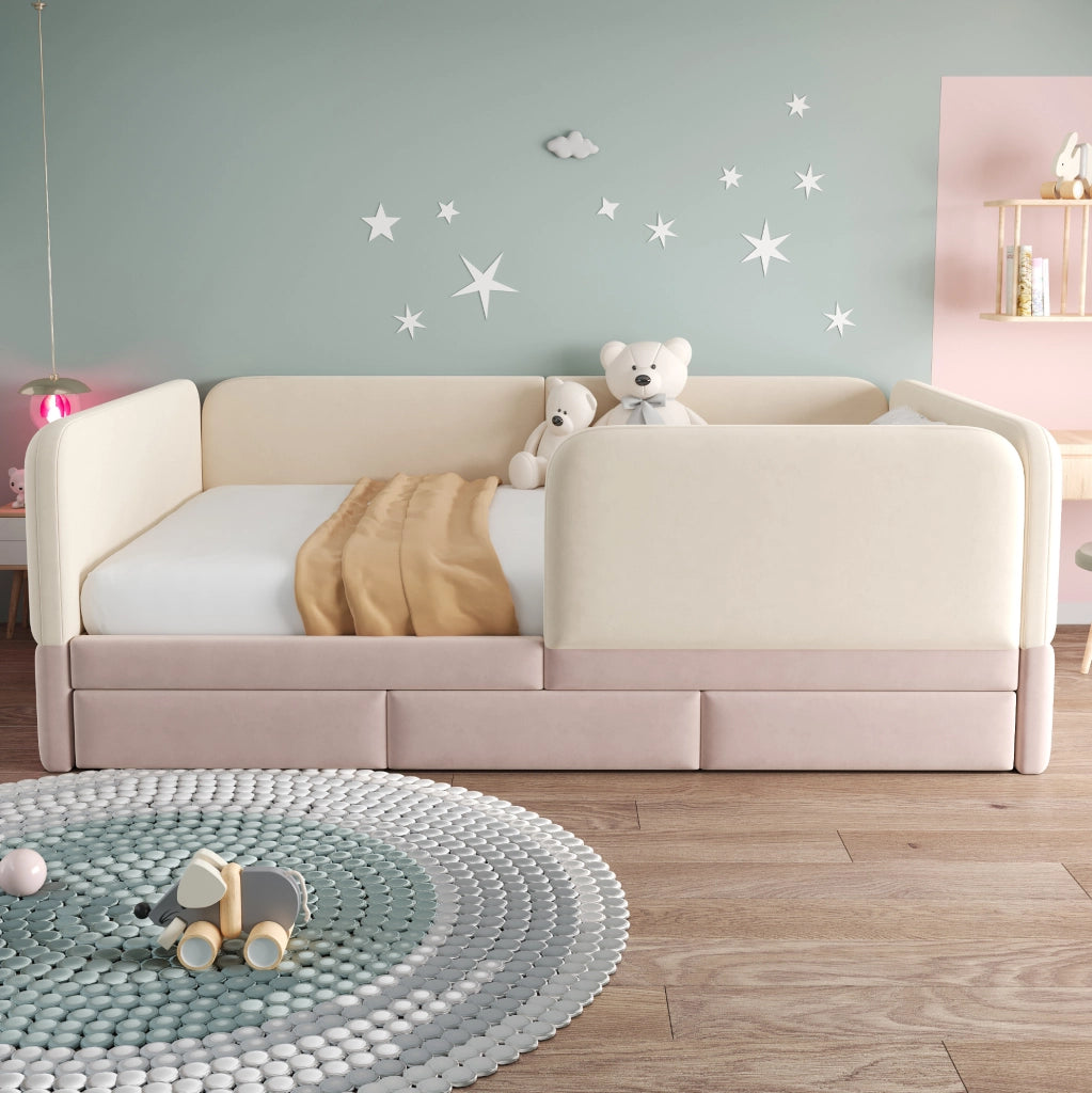 Letto imbottito per bambini 140x200 cm con protezione perimetrale e 3 cassetti