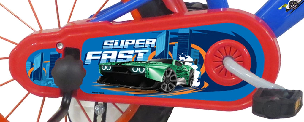 Bicicletta per Bambini 14" Hot Wheels Freni Caliper e Stabilizzatori in Acciaio Hi-Ten Blu e Rosso