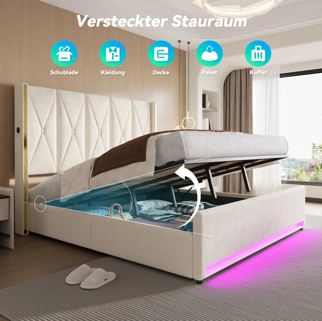 Letto matrimoniale 180x200 in velluto con LED, USB e vano contenitore