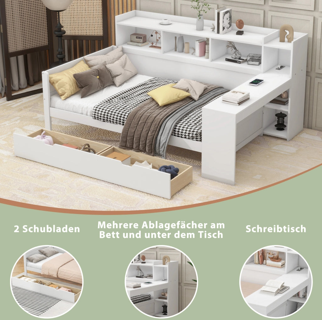 Letto singolo 90x200 cm con scrivania, USB e 2 cassetti