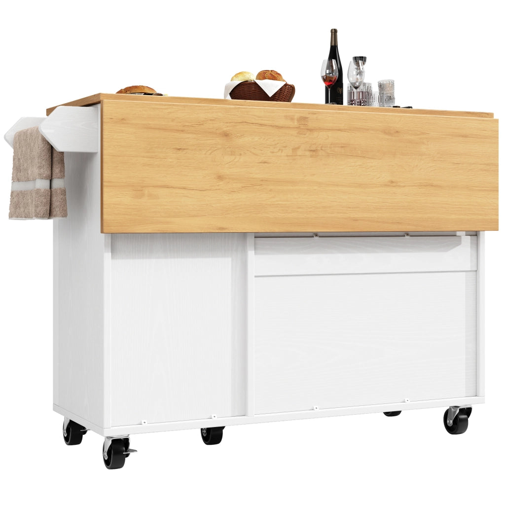 Isola da cucina con 3 ante; ripiani regolabili e ruote - per cucina - in MDF - 130×45(75)×92 cm - bianco