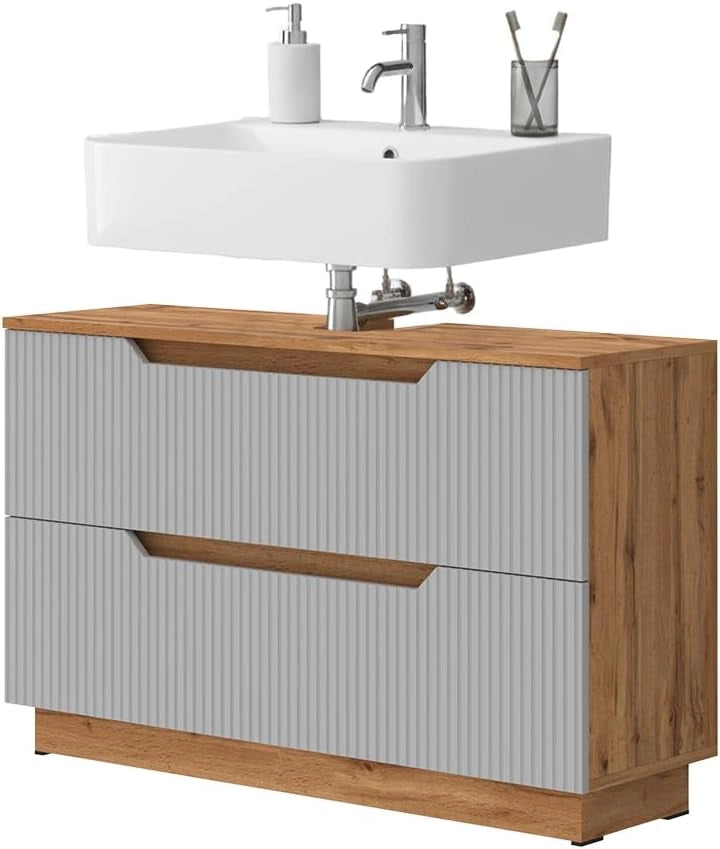 Mobile sottolavabo per bagno Lotta, Quercia/grigio, 99.4 x 62.5 cm con 2 cassetti