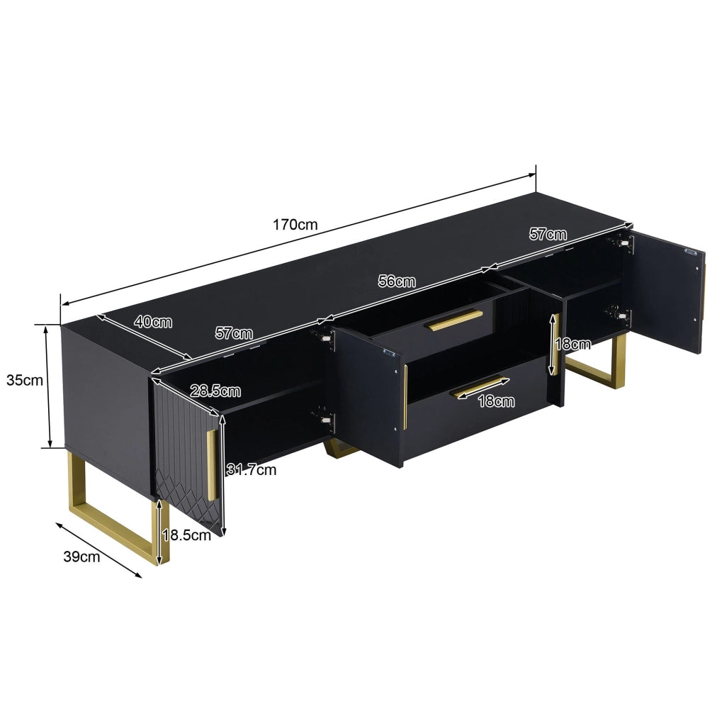 Mobile TV nero lucido 170 cm con 4 ante, 2 cassetti e dettagli oro