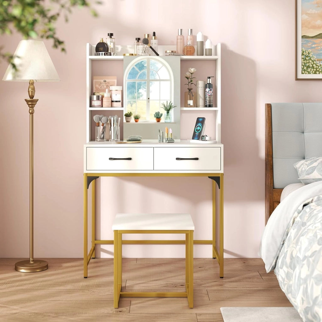 Specchio Rettangolare da Trucco, Tavolo da Trucco con Sgabello, Cassetti, Scaffali Aperti, Scomparto Nascosto, Stazione di Ricarica, Tavolo da Trucco Moderno per Camera da Letto (Bianco)
