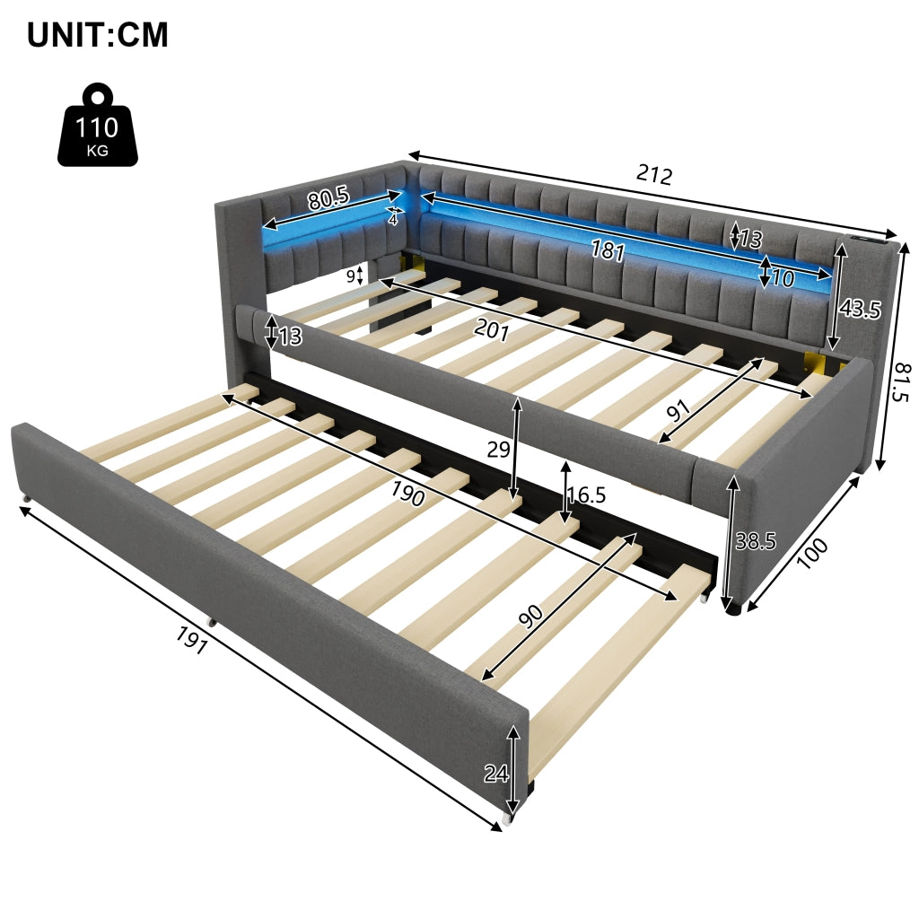 Daybed in lino grigio 90x200 con LED telecomandato e letto estraibile USB/Type-C