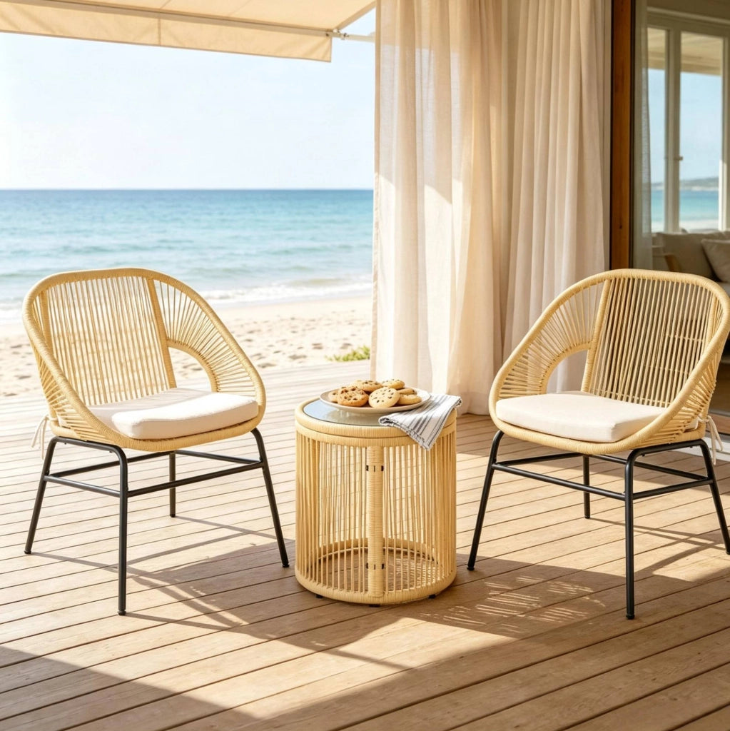 Set lounge da balcone 2 posti in rattan sintetico beige con tavolino in vetro temperato