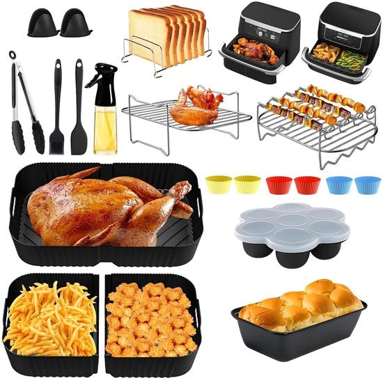 Accessori per Airfryer 20 pezzi - Forme in silicone - Griglia in acciaio inossidabile - Spiedi - Resistenti fino a 240 °C - Resistenti al lavaggio in lavastoviglie