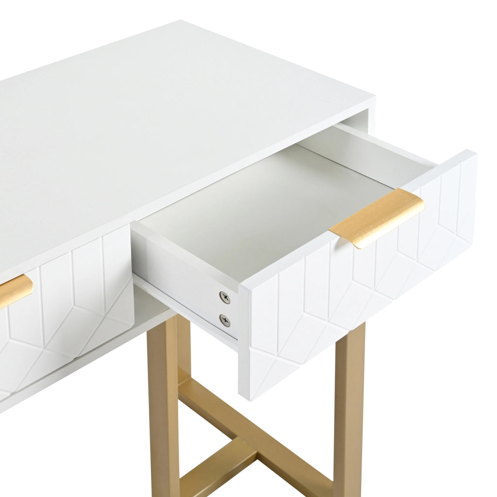 Consolle con 2 cassetti e motivi geometrici, struttura in MDF, per soggiorno e ingresso, bianco e oro