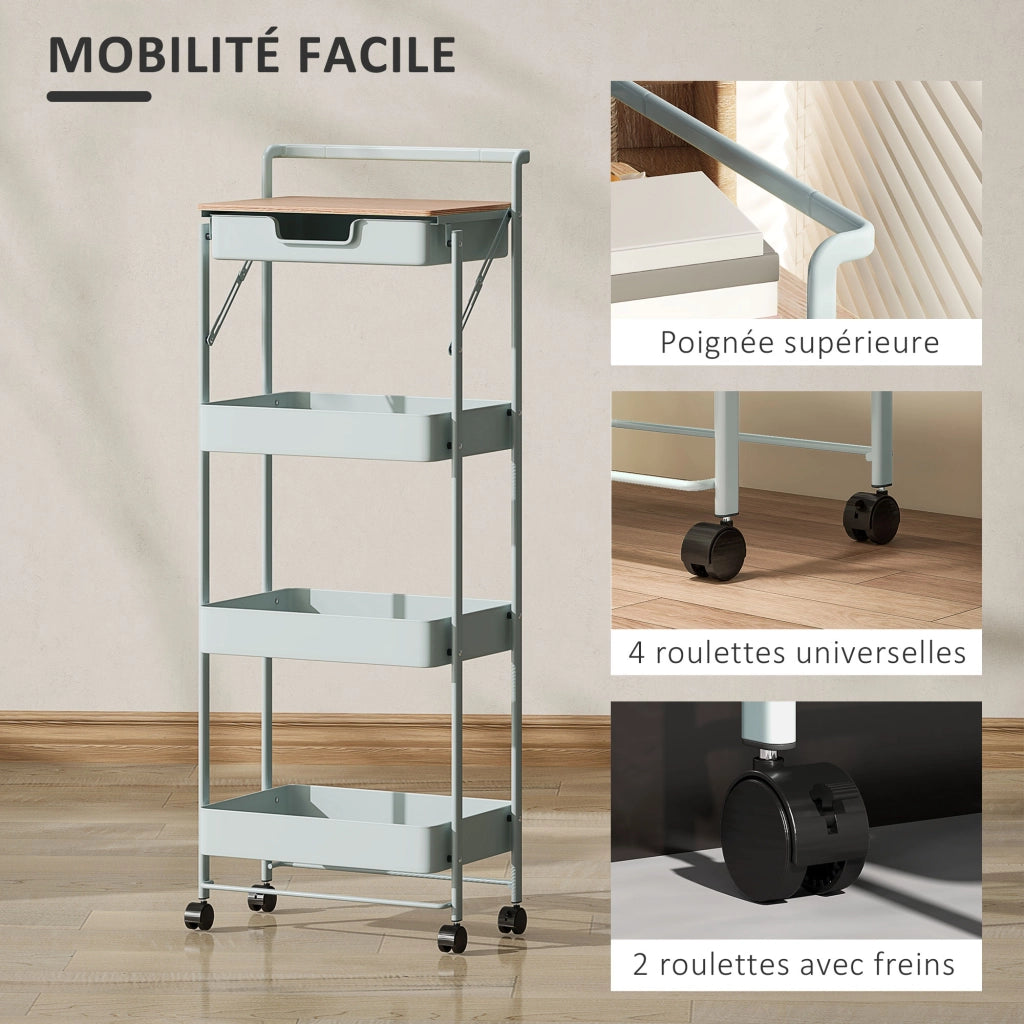 Carrello mobile con cassetto e cestini ¨C Zephmum ¨C 4 livelli verde