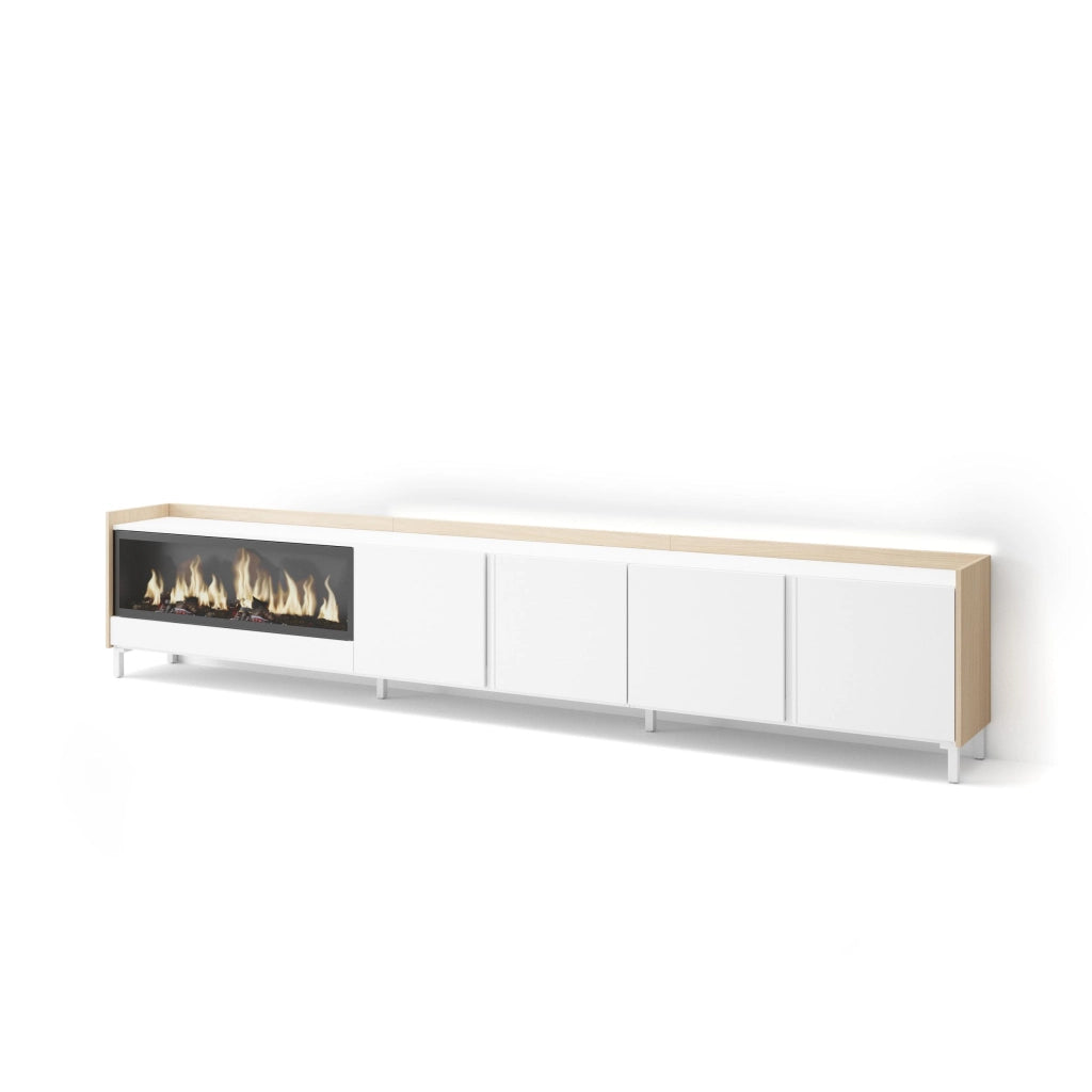 Mobile TV Soggiorno, 315x61x35 cm, Per TV fino a 80", Camino elettrico XXL, Design industriale, LED, Bianco e Rovere soft