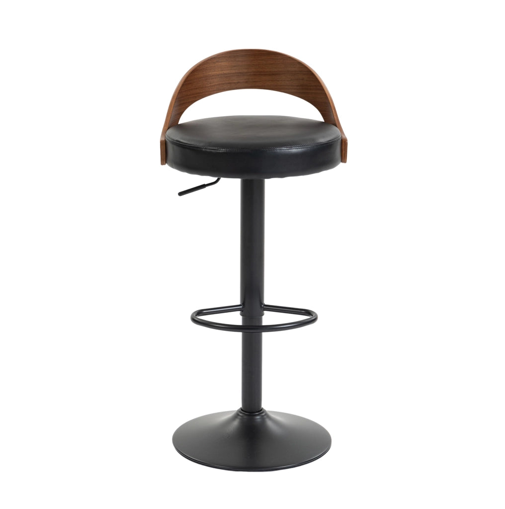 Set di 2 sgabelli da bar girevoli 360° regolabili in altezza; con schienale effetto noce e seduta nera in PU