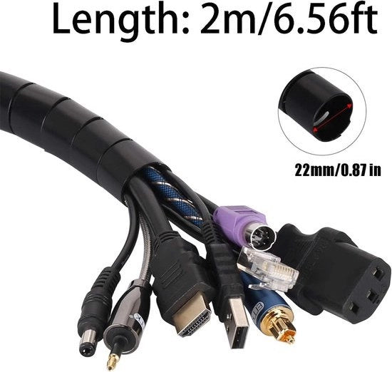 Cassaforte per cavi, 2m/6.56ft tubo per organizzare cavi per PC, TV e computer, protezione cavi, lunghezza fai da te, nero, ∅0.87