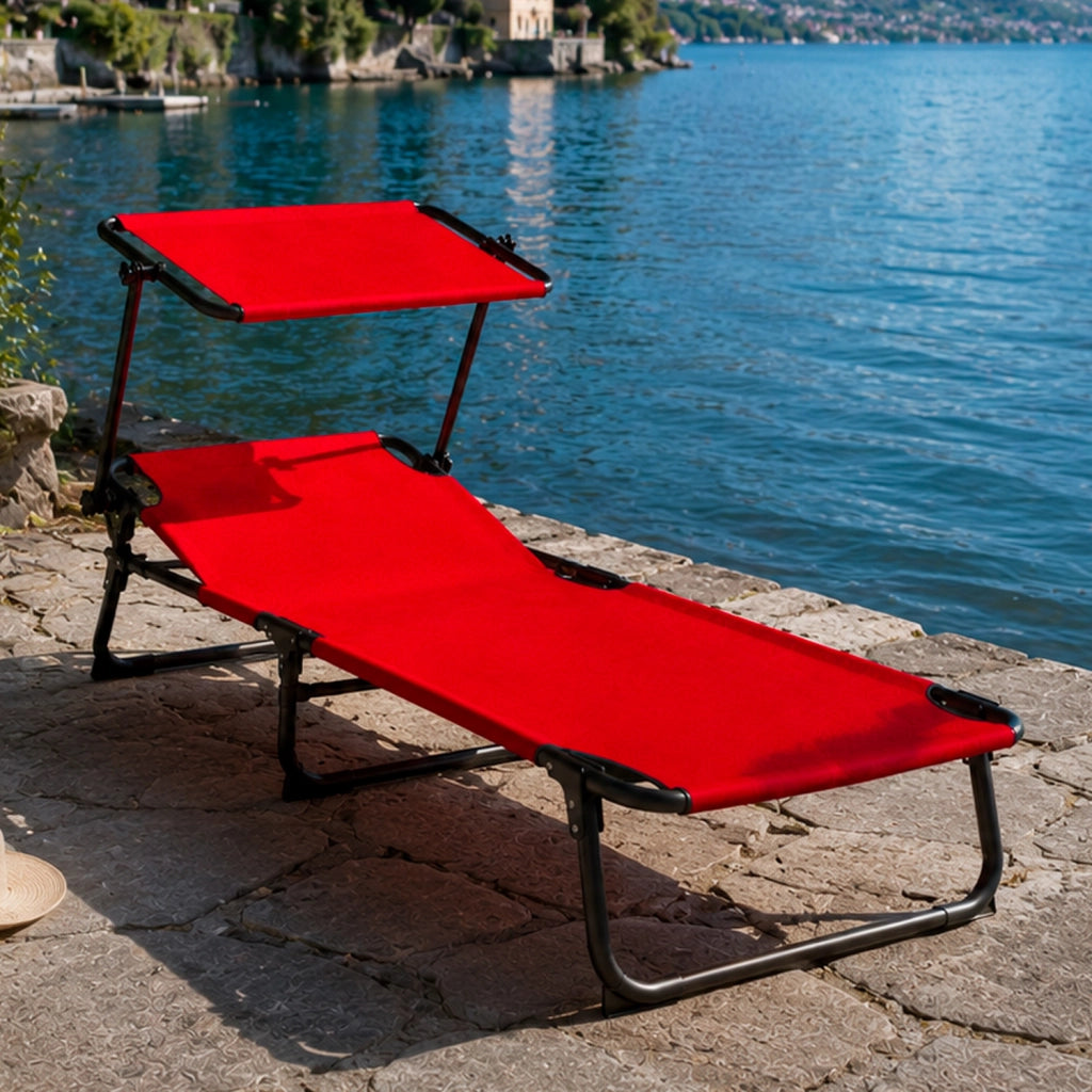 Lettino Pieghevole Con Tettuccio Regolabile Prendisole Parasole Schienale Reclinabile Regolabile Struttura In Metallo Nero Sedia Sdraio Per Spiaggia Mare Giardino Piscina 187 x 53 x 24 Cm Rosso