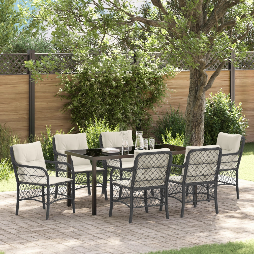 Set da Pranzo da Giardino 7 Pezzi con Cuscini Nero Rattan PE