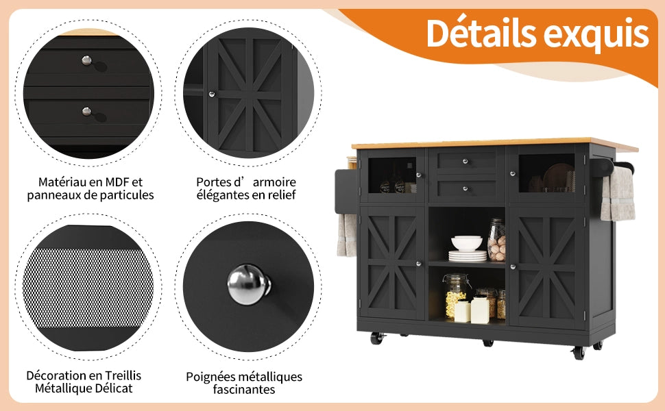Isola Cucina con Piano di Lavoro ¨C MINIMAL ¨C Nero, Legno, con Ruote e Ante 3D