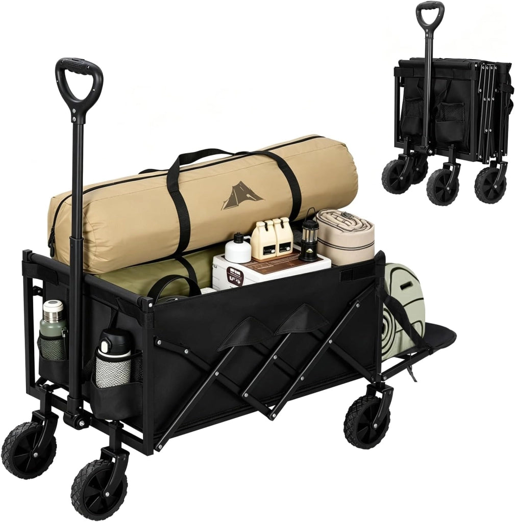 Carrello da Giardino Pieghevole con Ruote, 2 Portabicchieri, Pannello Posteriore Ribaltabile, Manico a Ritorno Automatico, Carrello Portata 150 kg, Telaio in Metallo, per Esterno, Grigio