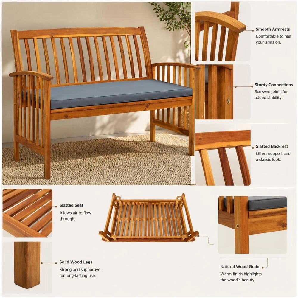 Garden Bench With Cushions, 119 Cm, Solid Acacia Wood