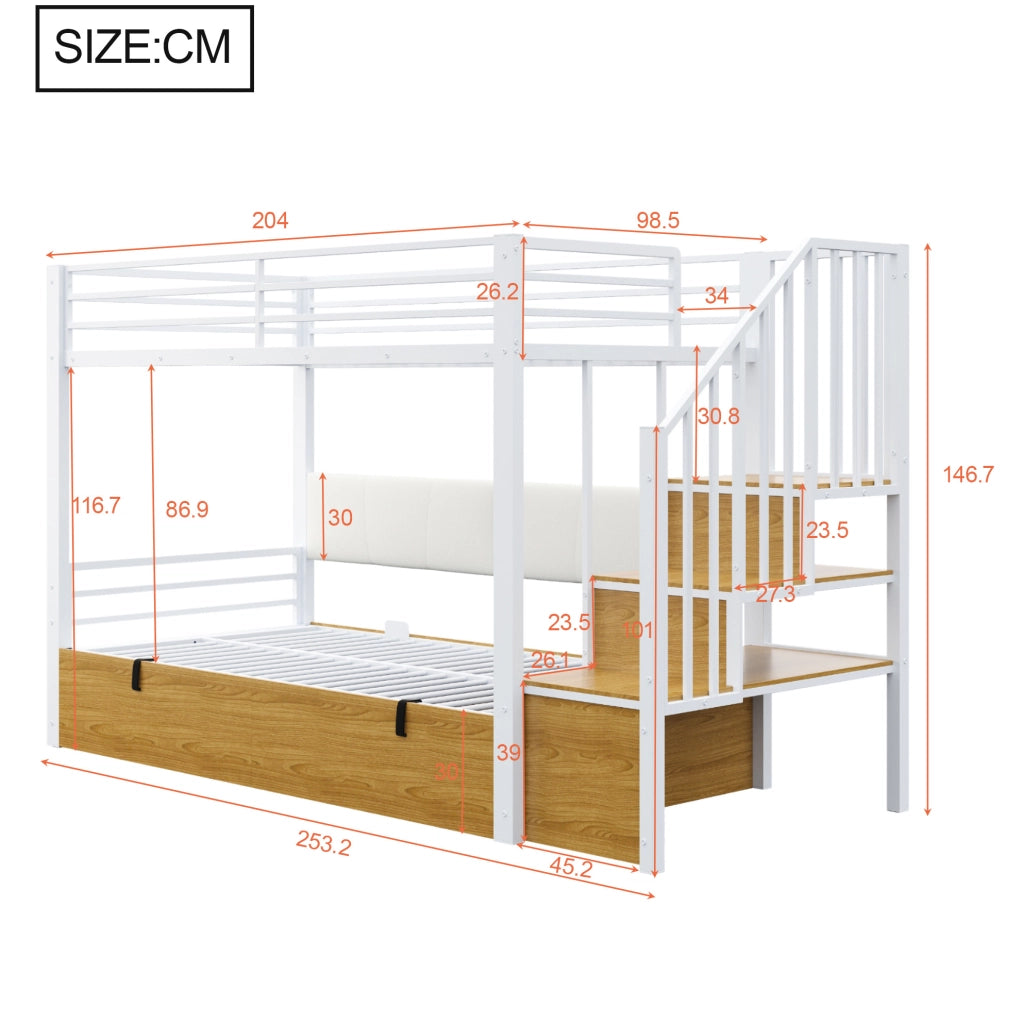 Letto a soppalco multifunzione 90x200 cm bianco in metallo; MDF e compensato; con scala contenitore