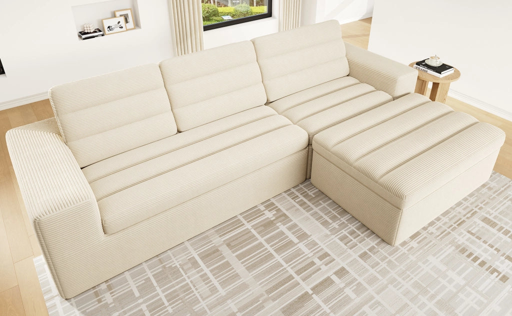 Divano angolare modulare a L senza telaio con sedute componibili in velluto a coste beige 253 × 161 × 89 cm