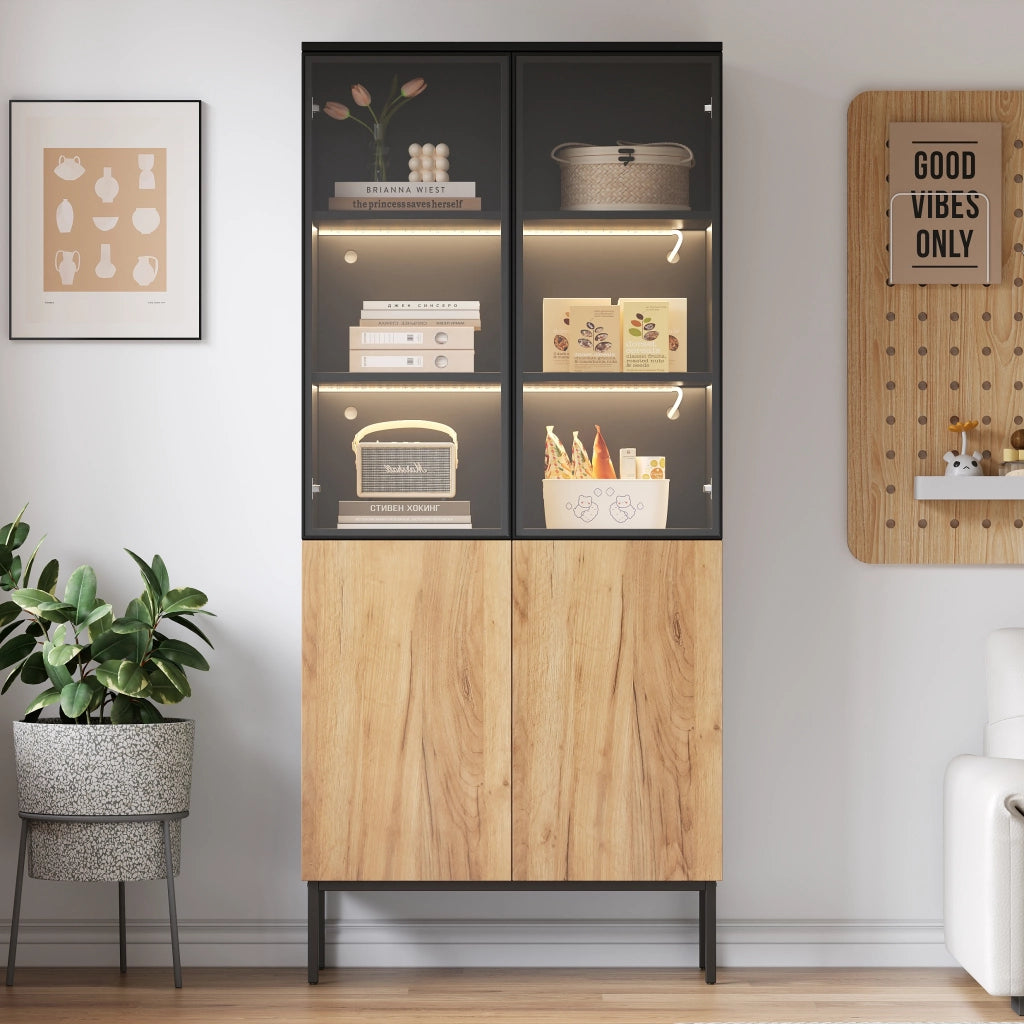 Vetrina con ante in vetro, LED controllato da smartphone, 3 ripiani regolabili, per soggiorno, 74 × 31 × 180 cm