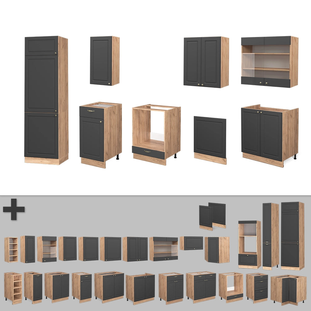 Vicco Cucina componibile Antracite Country House/oro Kraft Oak 300 cm senza piano di lavoro