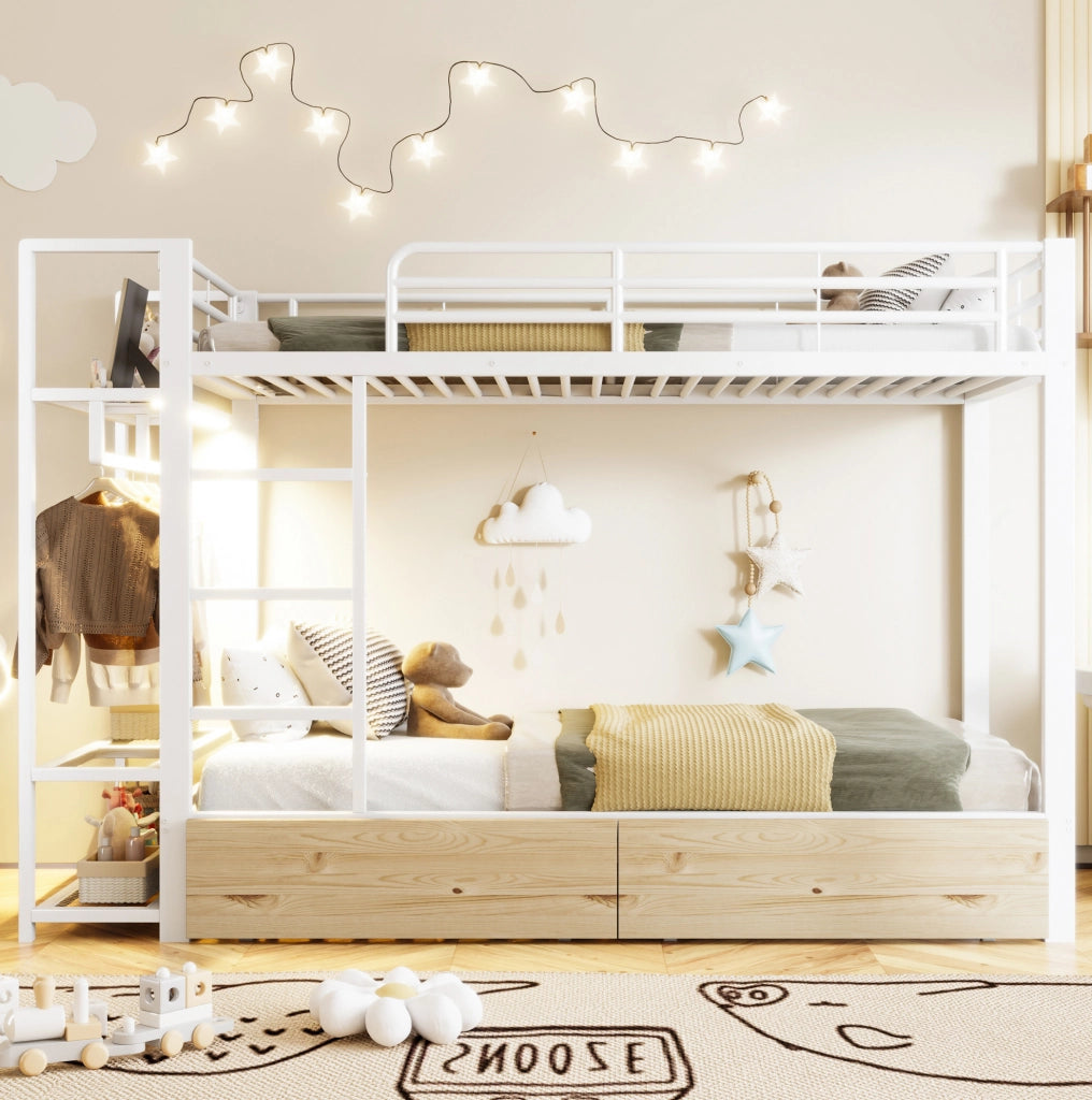 Letto a castello 90x200 cm con LED, cassetti e ripiani bianco