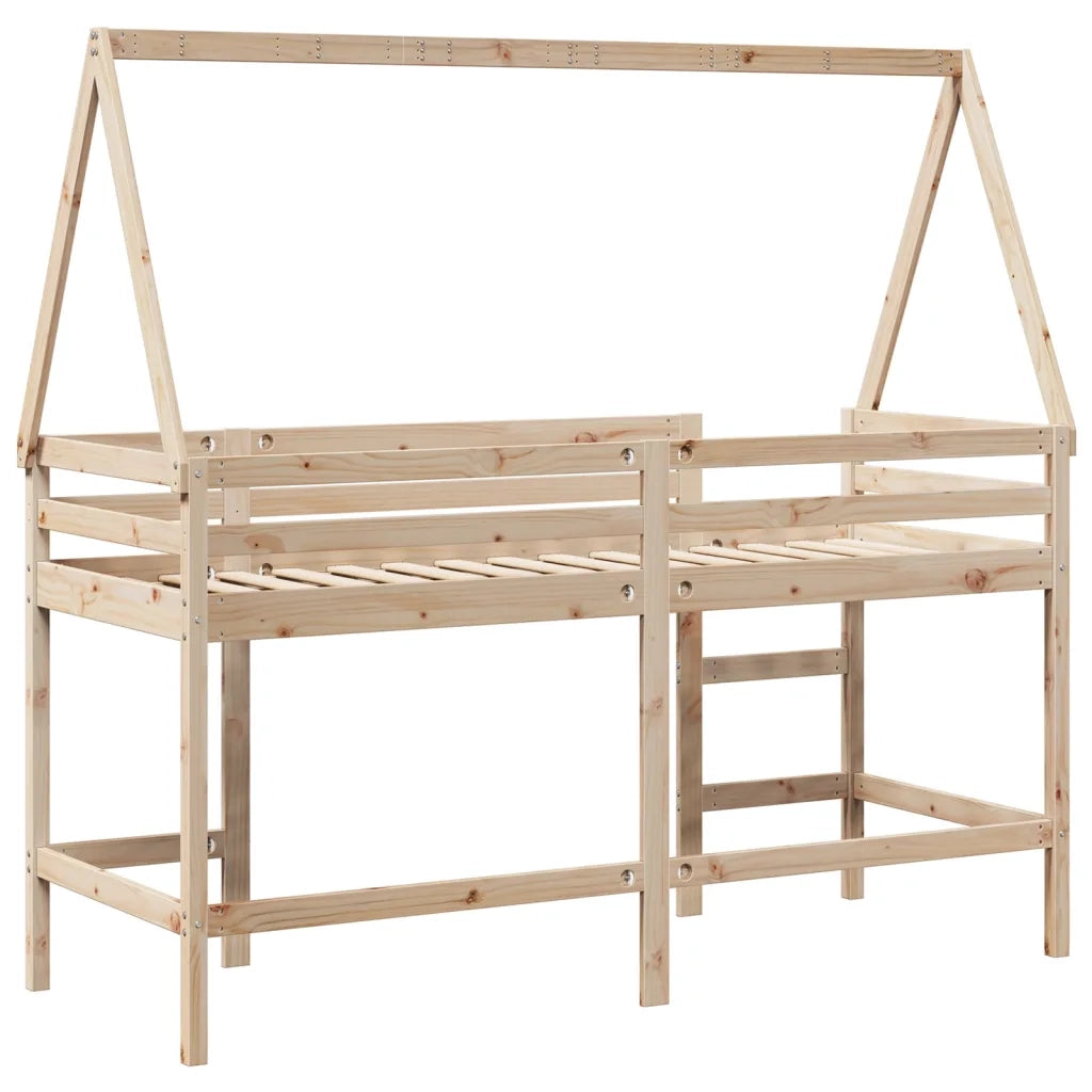 Letto singolo | Letto per adulti | Letto Soppalco con Scala e Tetto 80x200 cm Legno Massello Pino