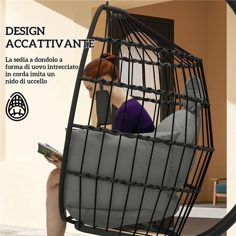 POLTRONA SOSPESA A UOVO CON GANCIO REGOLABILE 2 CUSCINI E CESTO IN ACCIAIO 120X88X192 CM NERO E GRIGIO