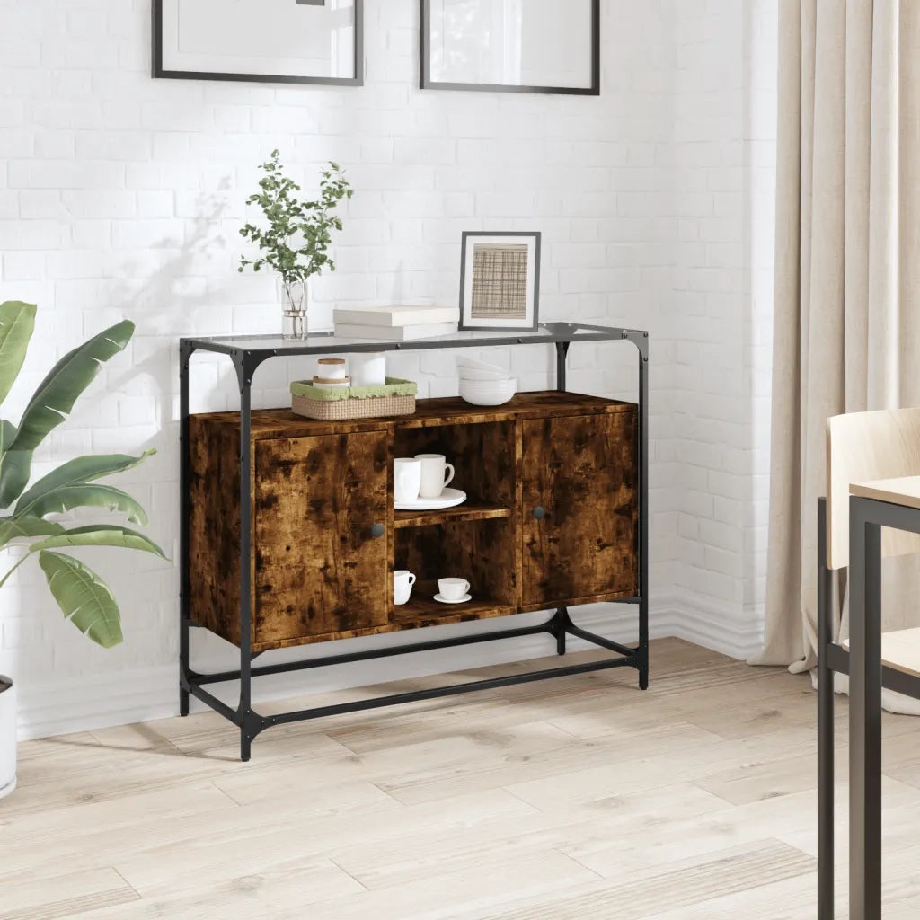 Credenza | Madia | Buffet da pranzo | Armadio da pranzo Piano Vetro Rovere Fumo 98x35x81cm Legno Multistrato