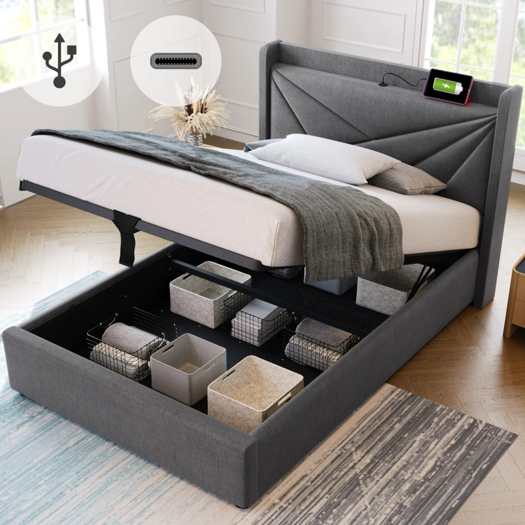 Letto singolo imbottito con contenitore 90x200 cm; USB e Type-C; grigio
