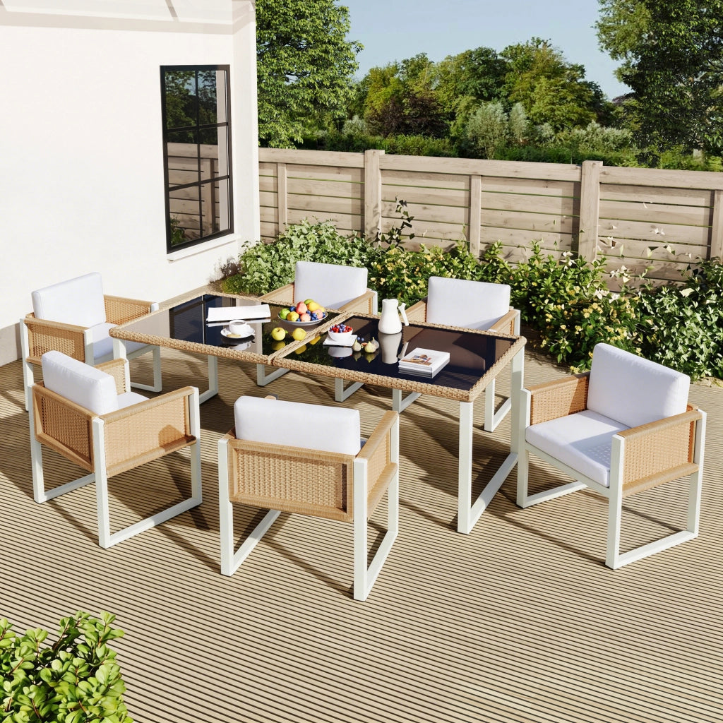 Set tavolo e sedie da esterno 1 tavolo + 6 sedie con cuscini in rattan sintetico; vetro e tessuto marrone e bianco