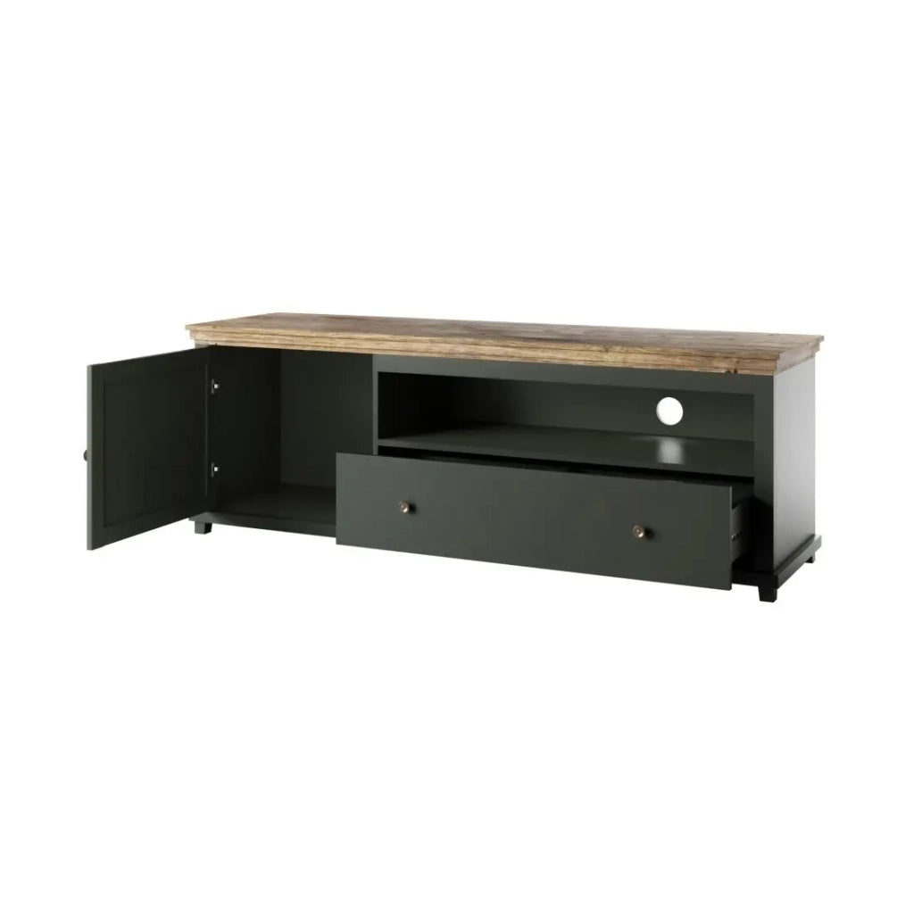 Mobile TV 180cm. Collezione ASSIA. Color verde e rovere. 1 porta e 1 cassetto.