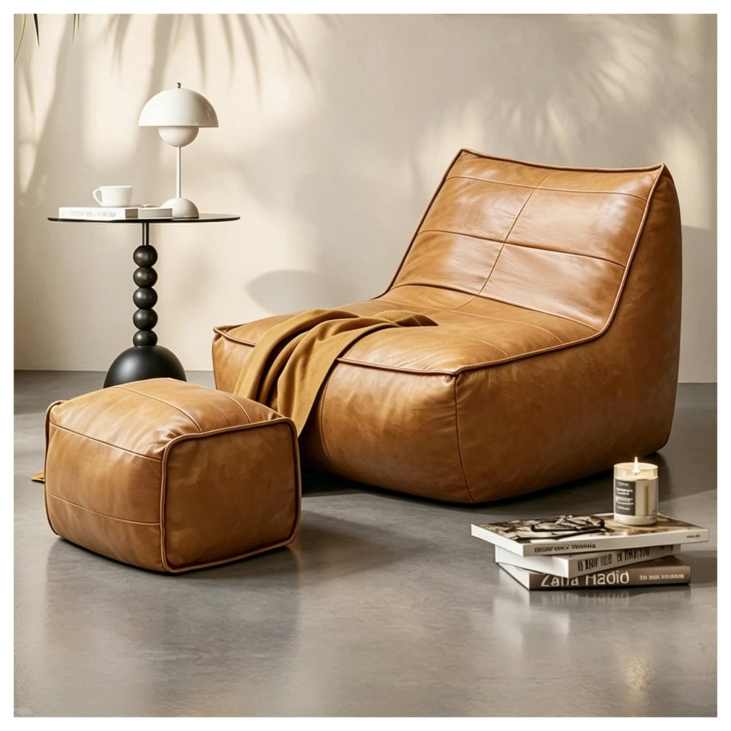 Poltrona pouf con poggiapiedi; seduta ergonomica e profilo compatto in tessuto tecnico marrone
