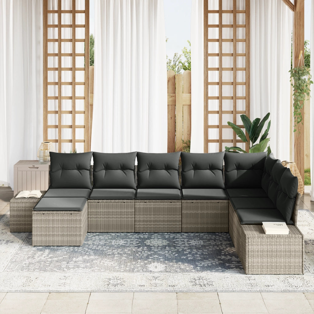 Set di divano da giardino a 8 pezzi con cuscini in polyrattan grigio chiaro
