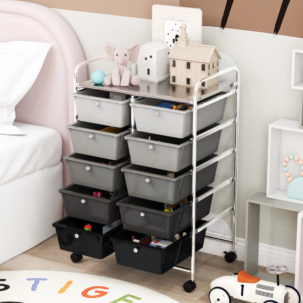 Carrello a 10 cassetti multiuso con ruote, Organizzatore per carta da scrapbooking e utensili da ufficio Nero e argento