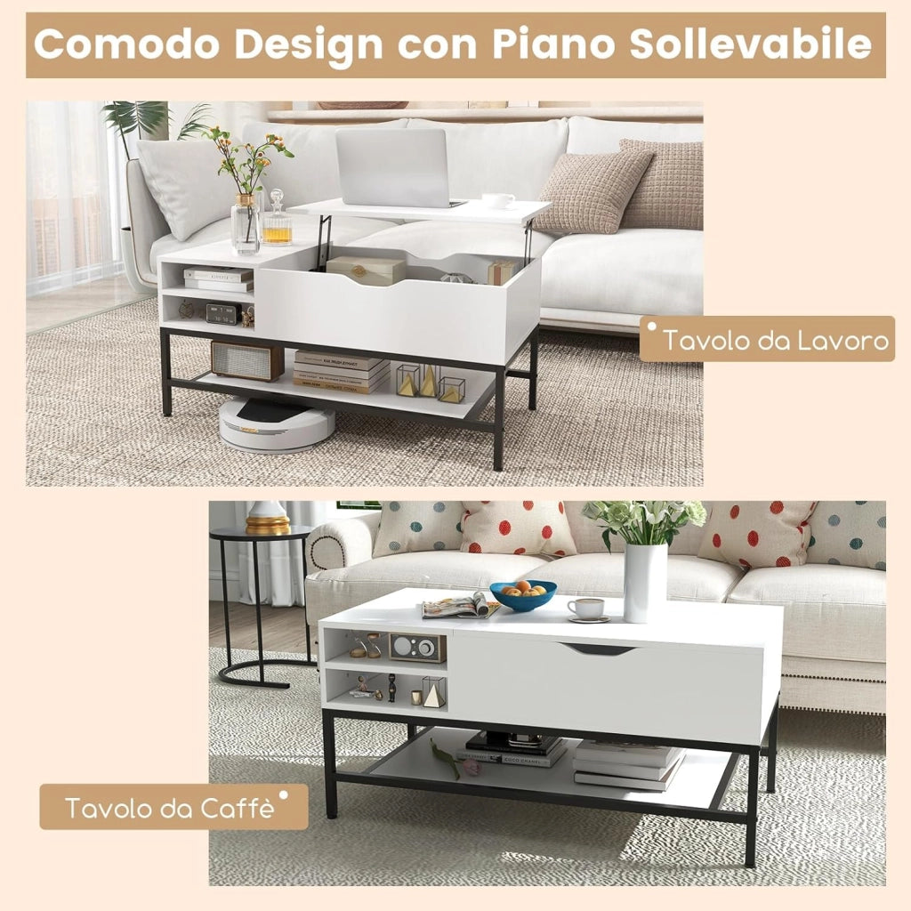 Tavolino da Salotto, Tavolino da Caffè con Piano Sollevabile, Vano Nascosto e Ripiano Rimovibile, Tavolino Basso in Legno e Metallo per Soggiorno e Sala, 100 x 50 x 48-61 cm (Bianco)