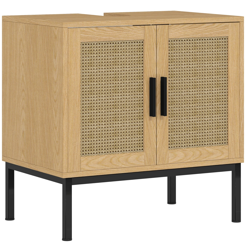 Mobiletto sottolavabo con ante in effetto rattan, struttura in legno, 60 x 39 x 60 cm, colore rovere