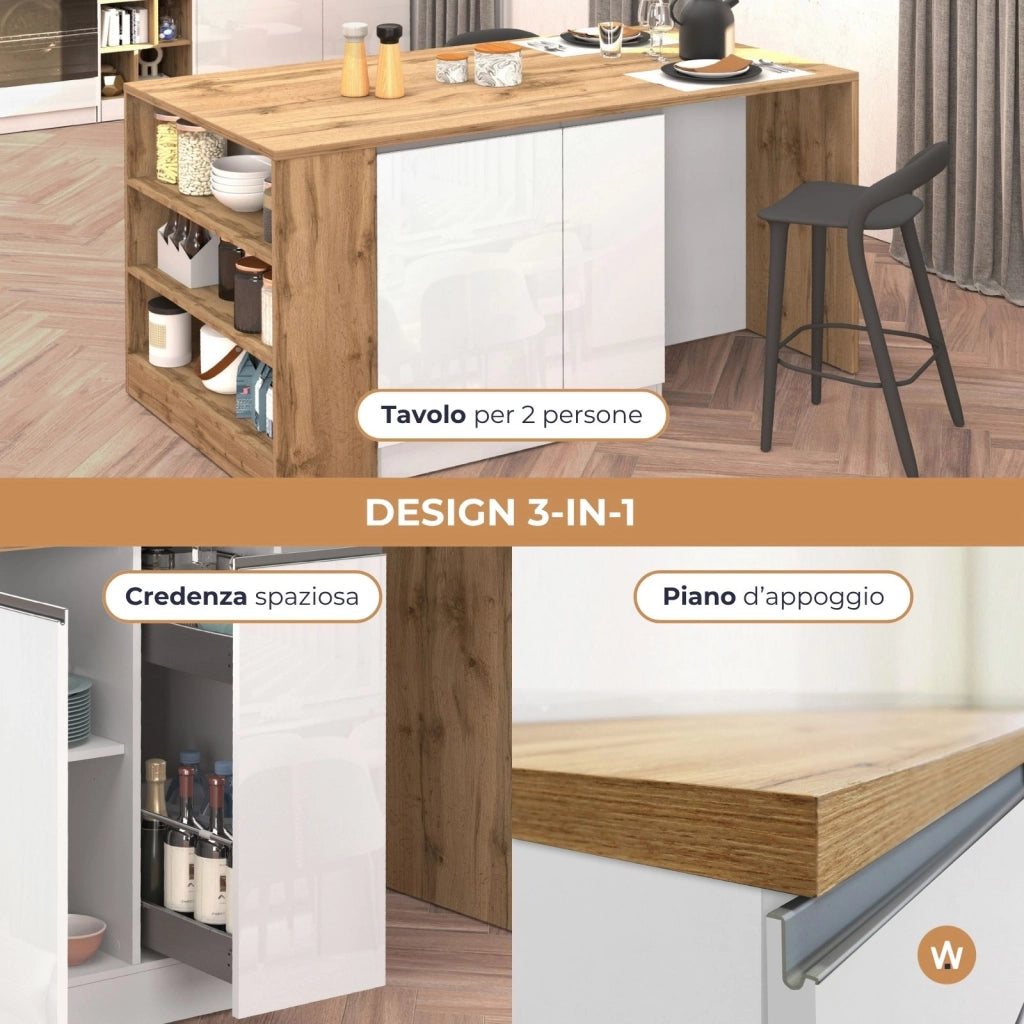 WHOUS Isola da cucina Sole 2 ante 2 cassetti e 1 scaffale bianco lucido/rovere 168x90x91 cm
