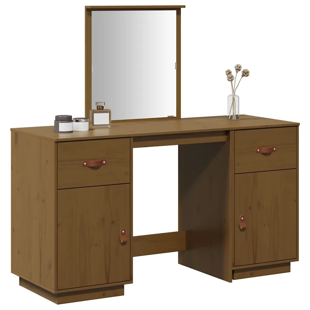 Set Toeletta con Specchio Marrone ambra Legno Massello di Pino 3107837