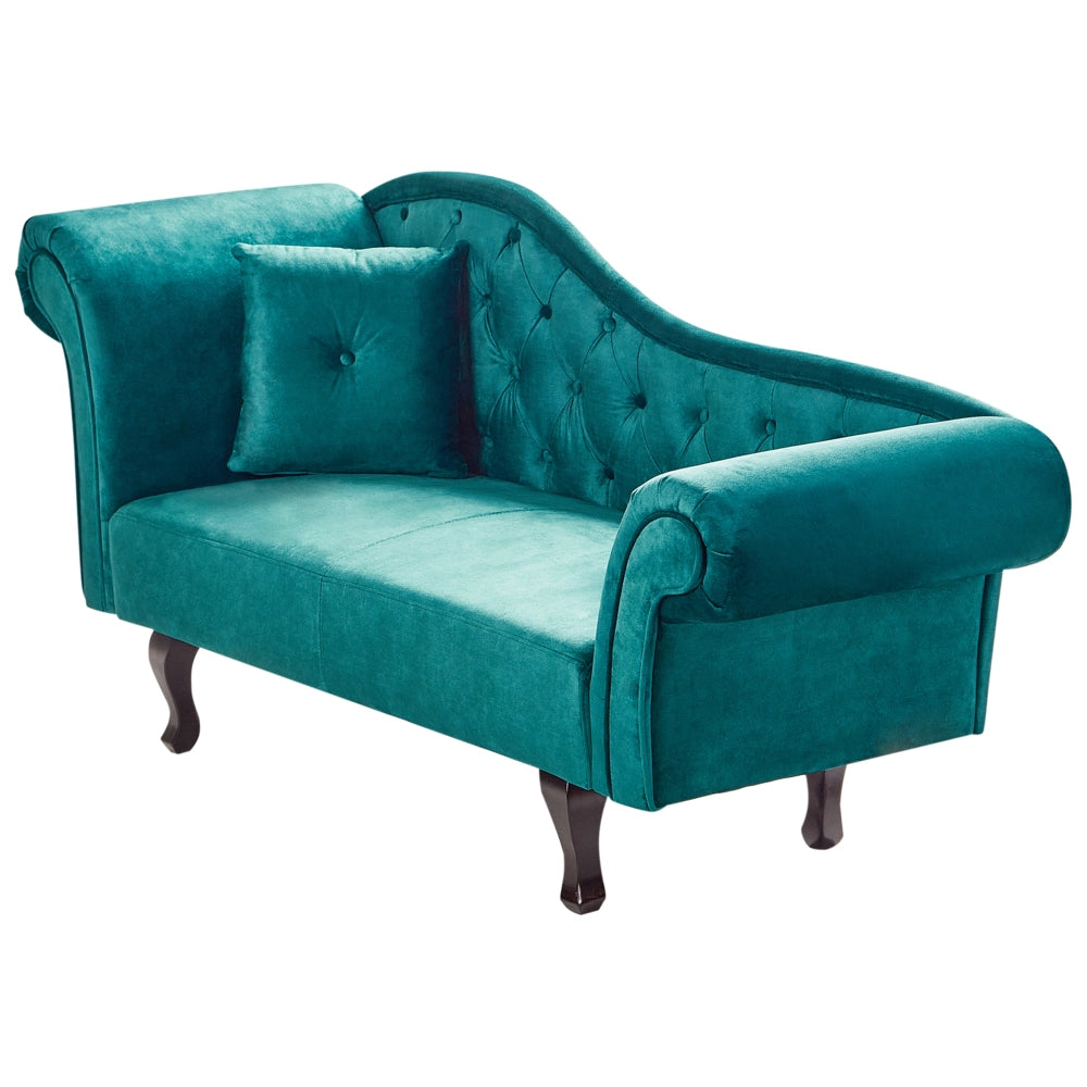 Chaise longue in Velluto Verde Smeraldo Bottone capitonné Tappezzeria versione sinistra con Cuscino