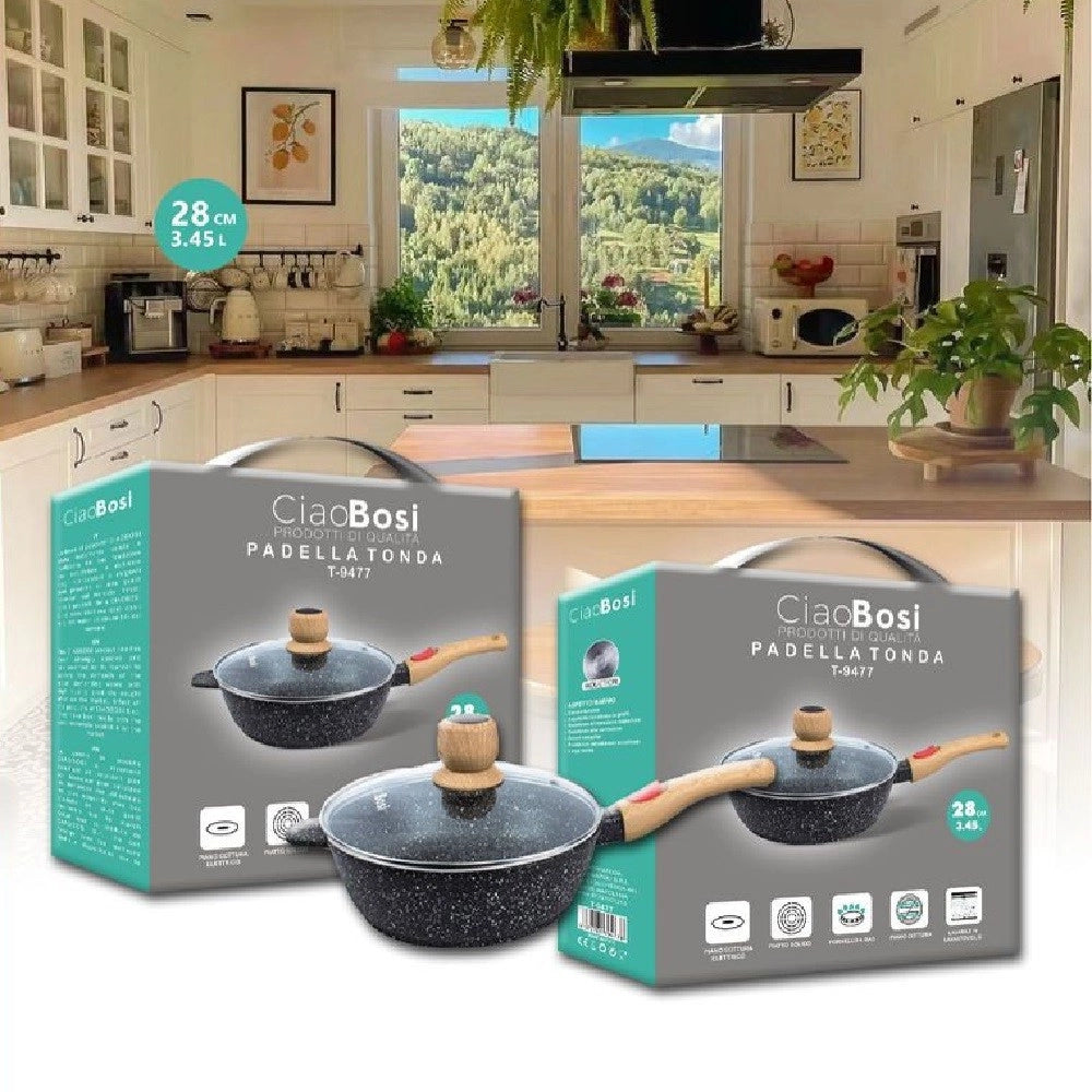 Trade Shop - Padella Tonda Con Manico In Legno Coperchio In Vetro 28cm 3,45lt Cucina T-9477 -