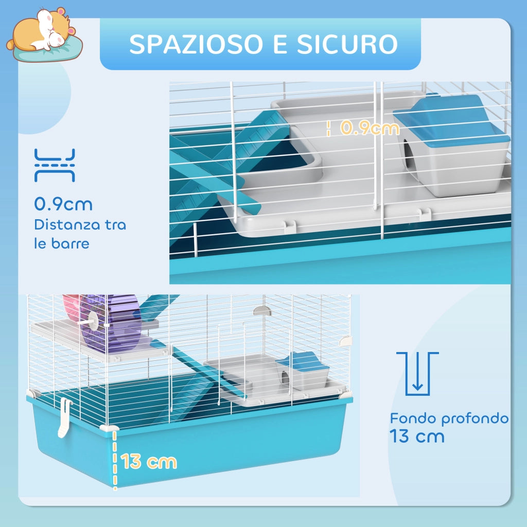 Gabbia per criceti a 6 livelli con tunnel ruota casetta e accessori, azzurro, spaziosa e robusta per casa