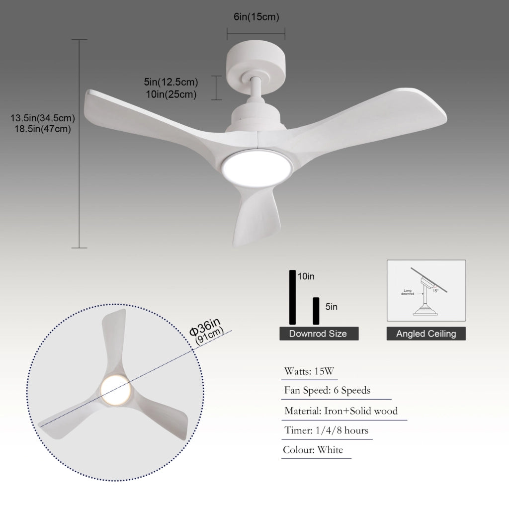 Ventilatore da soffitto LED 36" con telecomando, motore DC reversibile, bianco
