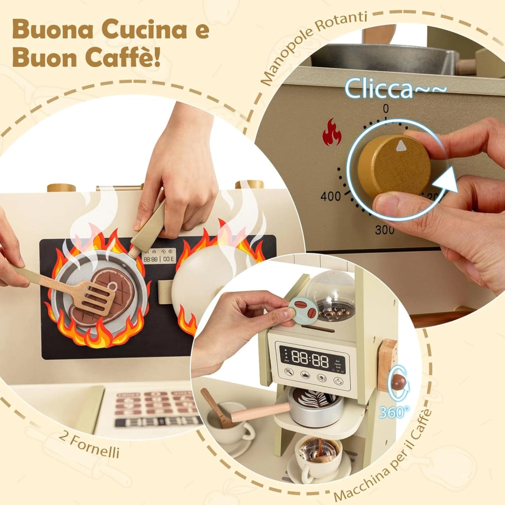 Cucina Giocattolo d'Angolo per Bambini, Cucina Gioco in Legno con Forno, Tostapane, Macchina del Caffè, Frigorifero e 21 Accessori, Gioco Educativo per Bambini 3+ Anni, 146,5 x 54 x 85,5 cm