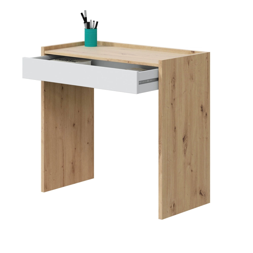 Scrivania Akaba, Scrittoio lineare con cassetto, Tavolo da studio o ufficio porta PC, cm 82x40h77, Rovere nodi e Bianco
